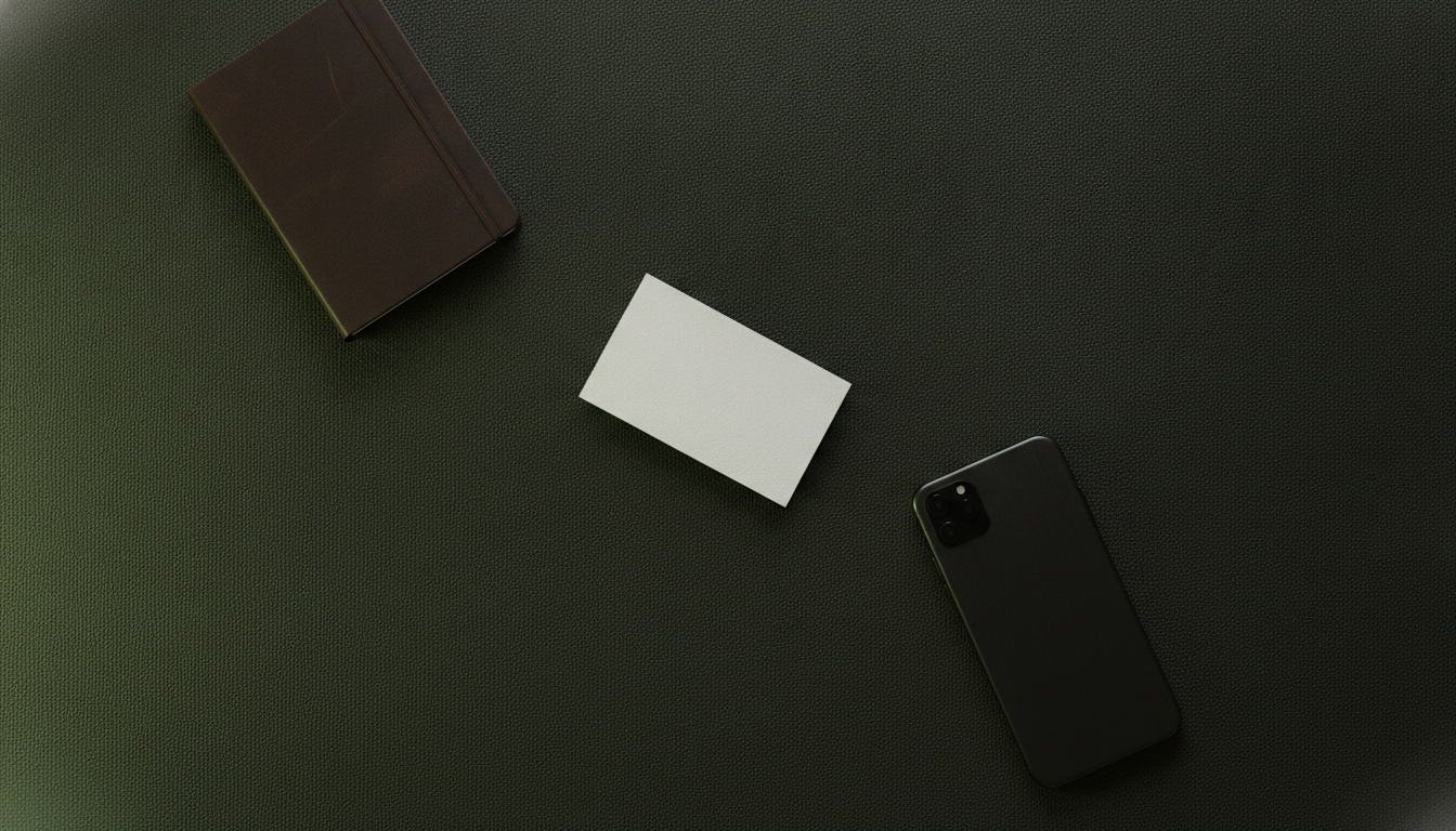 Solo LinkedIn outreach tracking system: notebook, phone, and one contact card